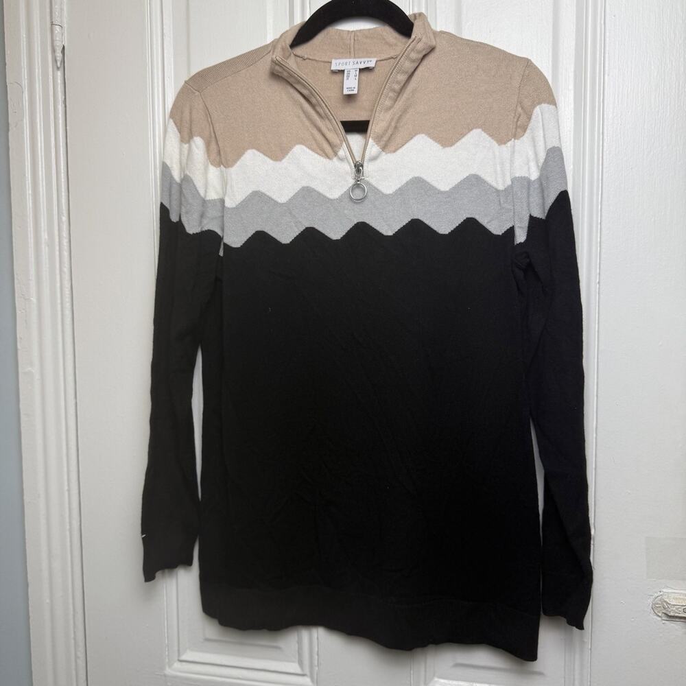 Sport Savvy Half Zip Knit Sweater Women's Medium Wavy Stripe Preppy Beige Black